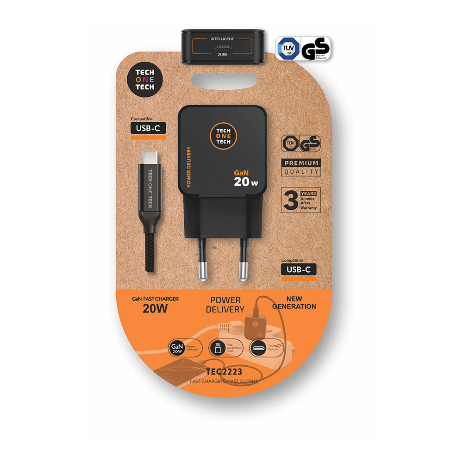 CARREGADOR ULTRARRÁPIDO GAN 20 W PRETO + CABO USB-C DE 1 m