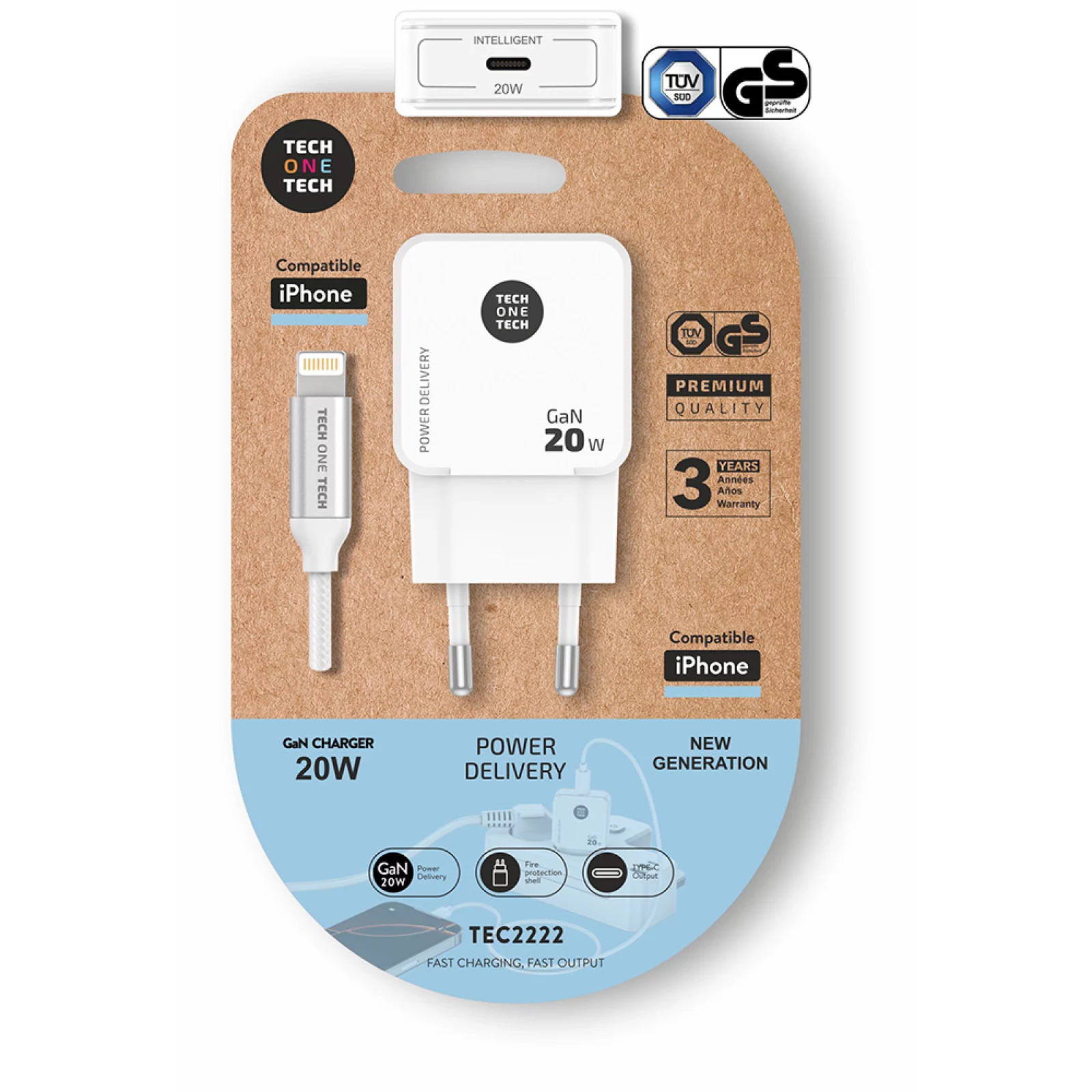 CARREGADOR ULTRA RÁPIDO GaN 20 W + CABO USB-C PARA LIGHTNING BRANCO DE 1 m