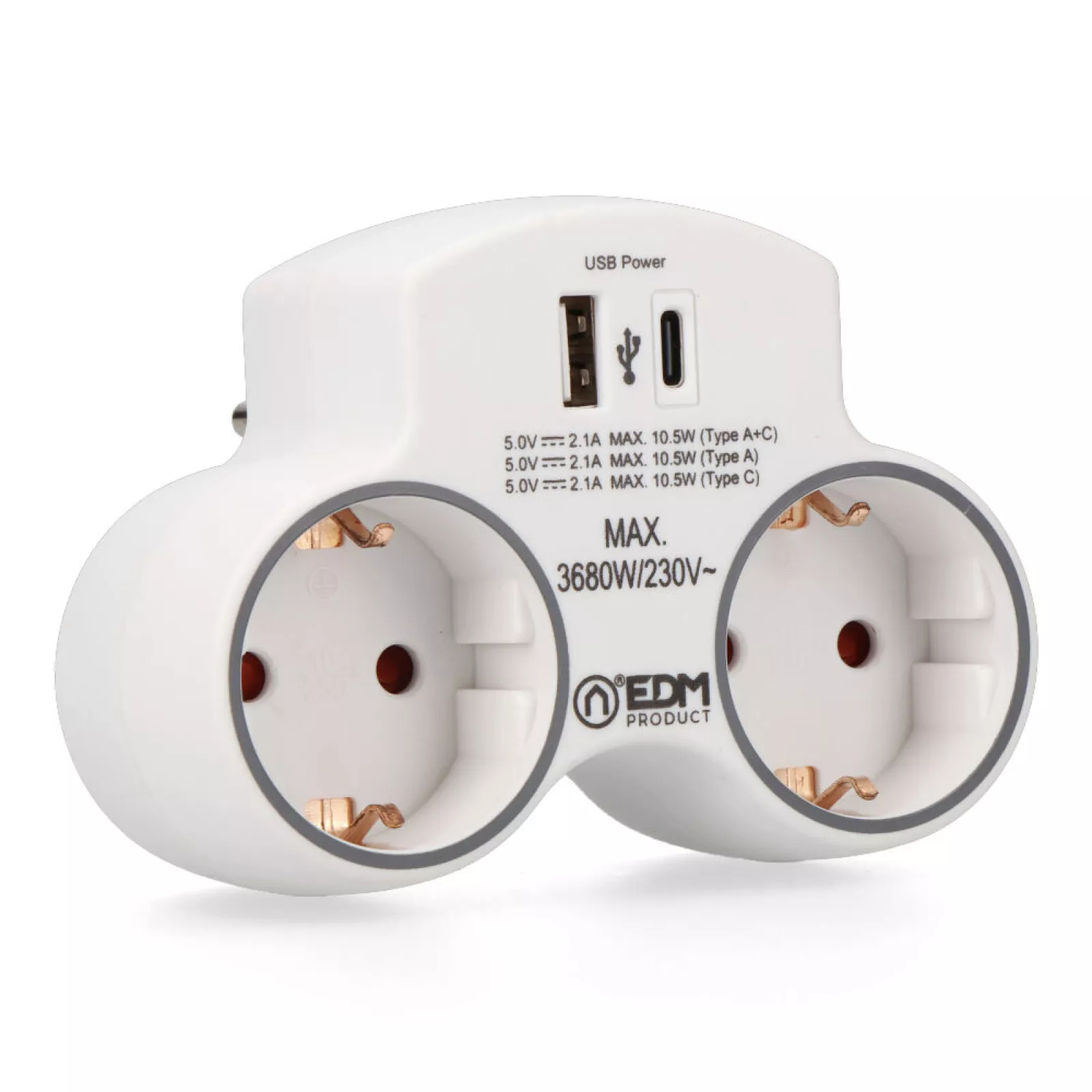 ADAPTADOR COM 2 TOMADAS 2P+T SCHUKO E 2 USB (A+C), BRANCO