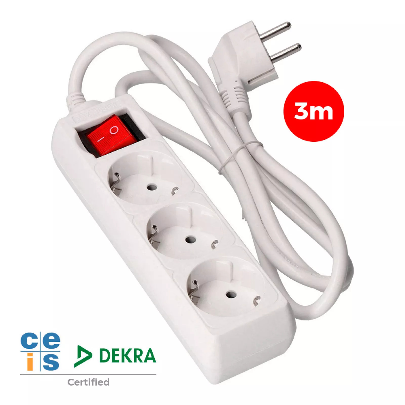 BLOCO 3 TOMADAS SCHUKO COM INTERRUPTOR 3m 3x1,5mm