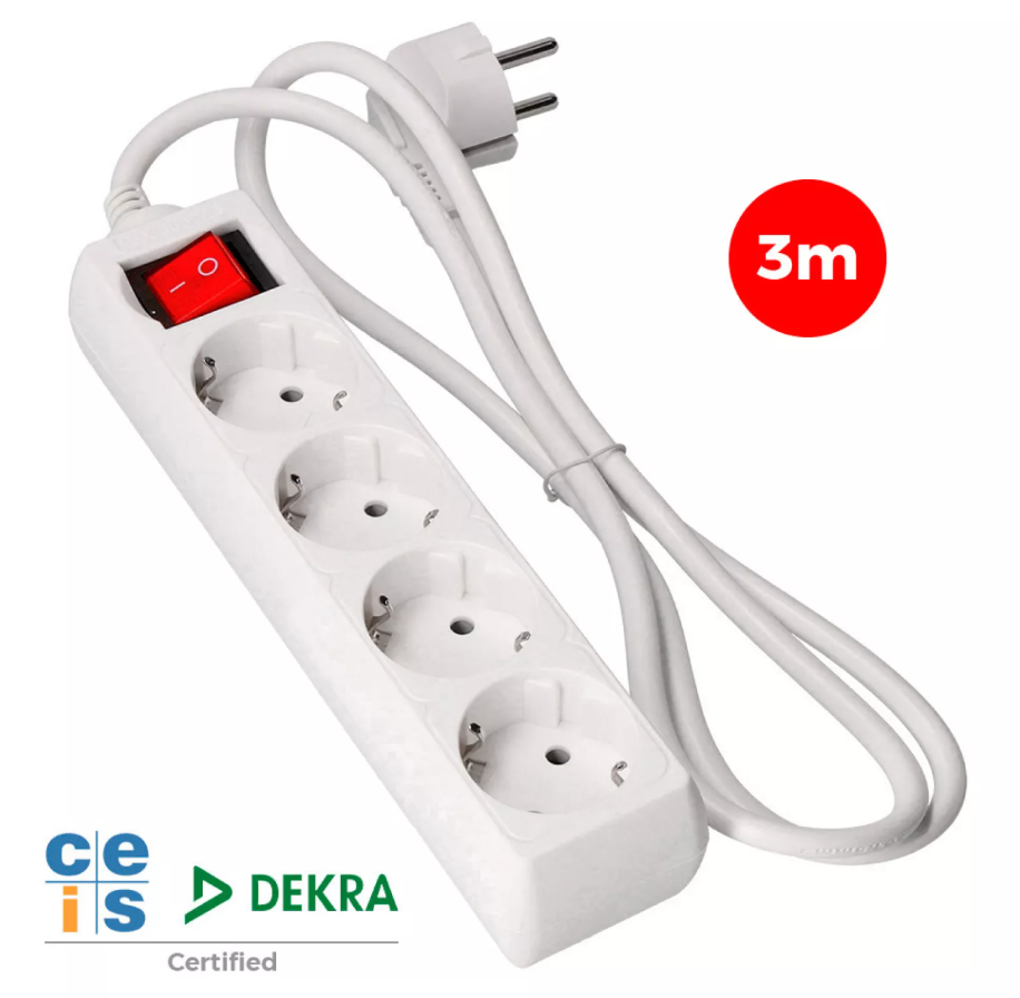 BLOCO 4 TOMADAS SCHUKO COM INTERRUPTOR 3m 3x1,5mm