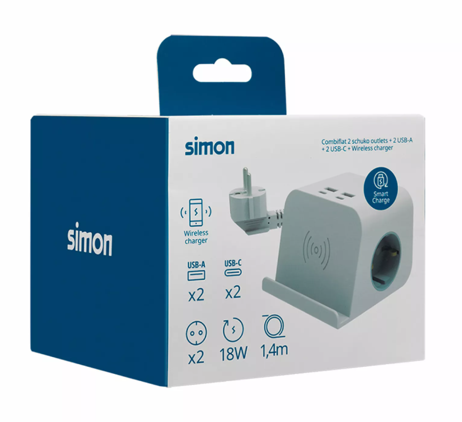 COMBIFLAT BASE 2 TOMADAS SCHUKO 16A 250 V ~ + 2 USB A + 2 USB C + CARREGAMENTO WIRELESS COM SUPORTE BRANCO E FIXAÇÃO