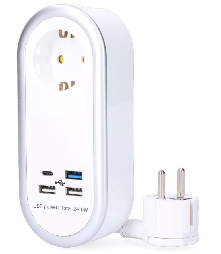 BASE AIR BASE 1 2P+E SCHUKO, 4 USB (3 X A + 1 X C), CABO DE 1,5 m H05VV-F 3G1,5 mm², 16A 250V~, BRANCA
