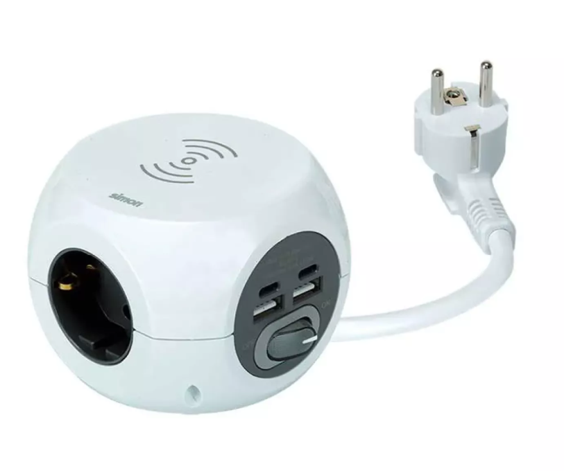 SIMON COMBIBALL MÚLTIPLA BASE CARREGAMENTO SEM FIO + 3 TOMADAS (2PT+T) + 2 USB A + 2 USB C. BRANCO