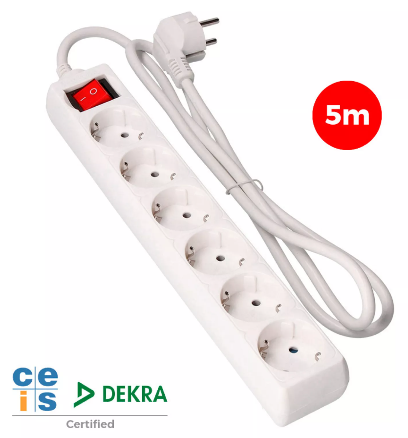 BLOCO 6 TOMADAS SCHUKO COM INTERRUPTOR 5m 3x1,5mm