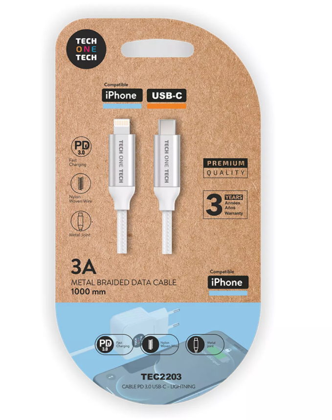 CABO BRANCO NYLON (USB-C A LIGHTN/APPLE), 1m 3A