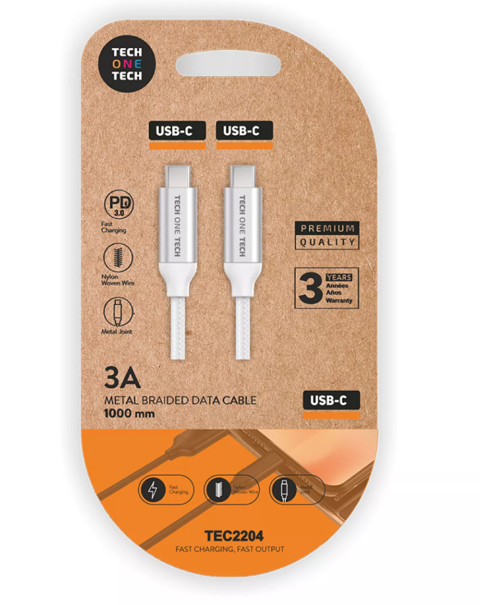 CABO PD BRANCO NYLON (USB-C A USB-C), 1m 3A
