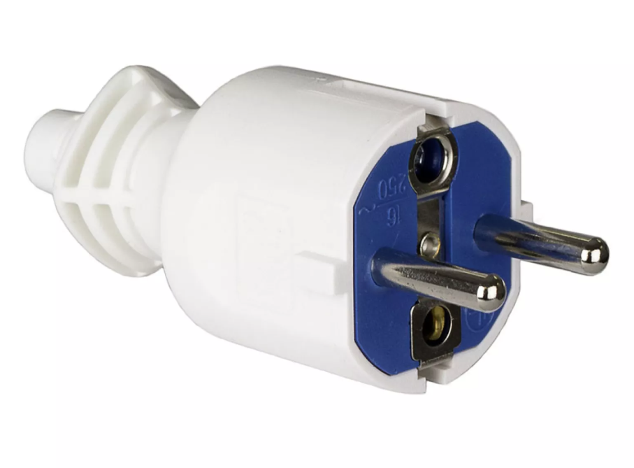 FICHA 2P+T 16A 250V PVC BRANCO. FIXAÇÃO DE CABOS ABATÍVEL 706CB