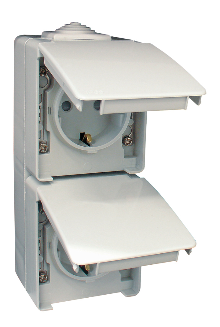 TOMADA DUPLA SCHUKO VERTICAL C/OBT CINZENTA